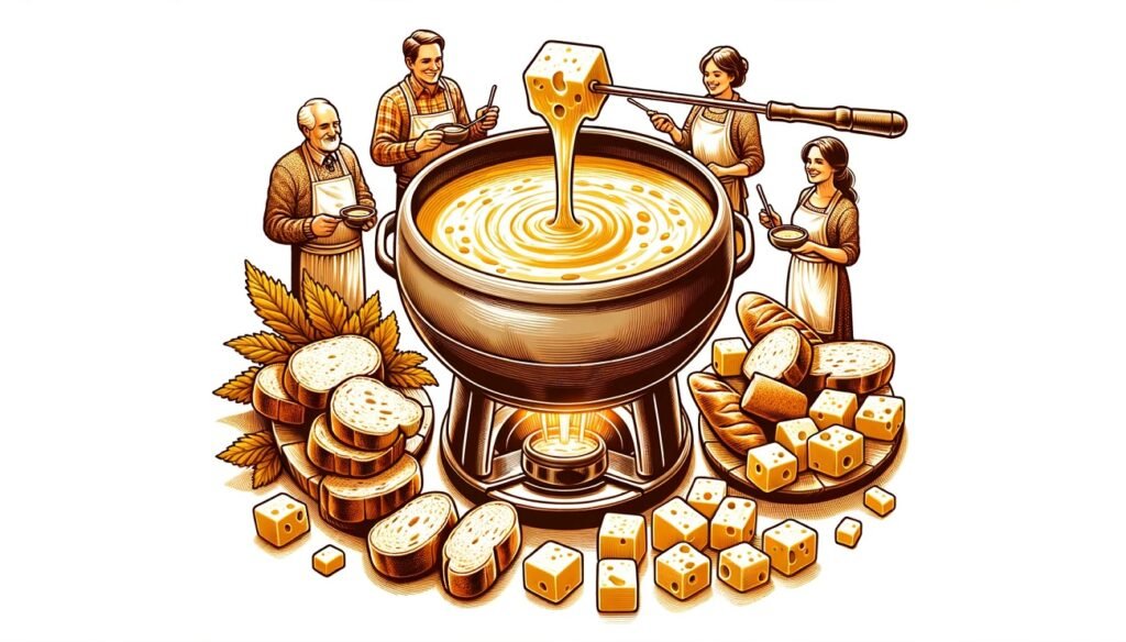 Illustration of a traditional Swiss fondue pot with melted cheese, surrounded by bread cubes and people dipping them.
