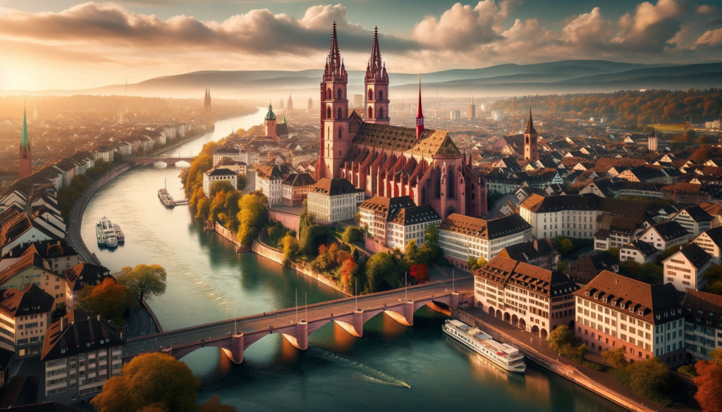 Photo of Basel highlighting the Rhine River flowing through, with the city's red sandstone cathedral standing tall.