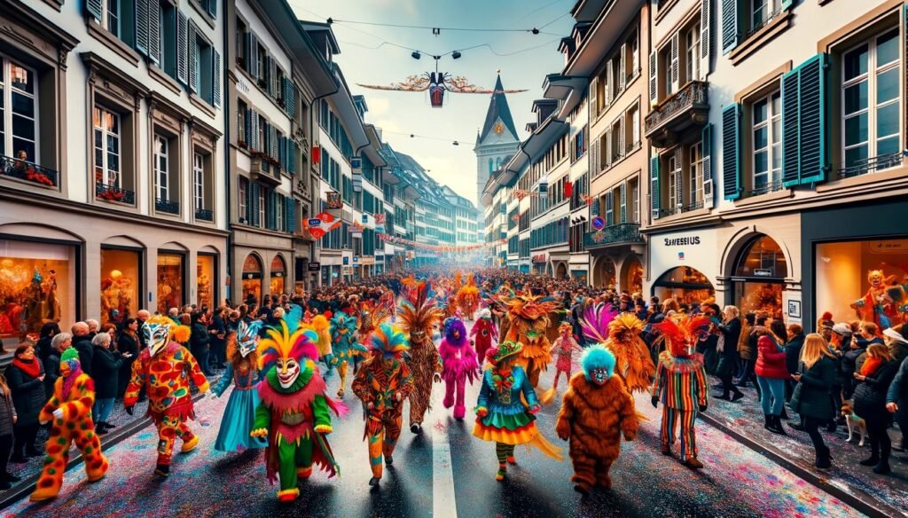 Photo of a bustling street in Basel during the Basel Carnival, showcasing vibrant costumes and a festive atmosphere.