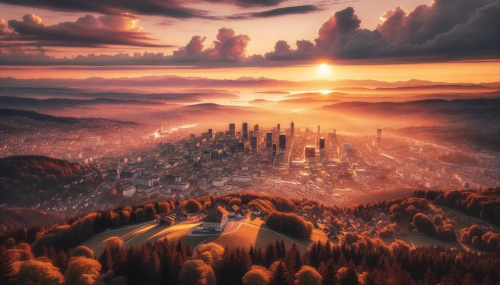 Photo of a panoramic view from Uetliberg mountain overlooking the sprawling Zurich cityscape during sunset, with the golden and pink hues casting a warm glow over the city.