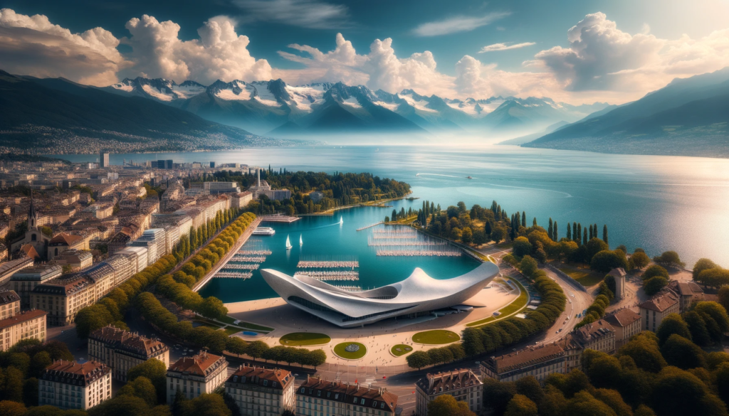 Photo of Lausanne capturing the essence of the Olympic Museum, with Lake Geneva in the foreground and the French Alps creating a stunning backdrop.