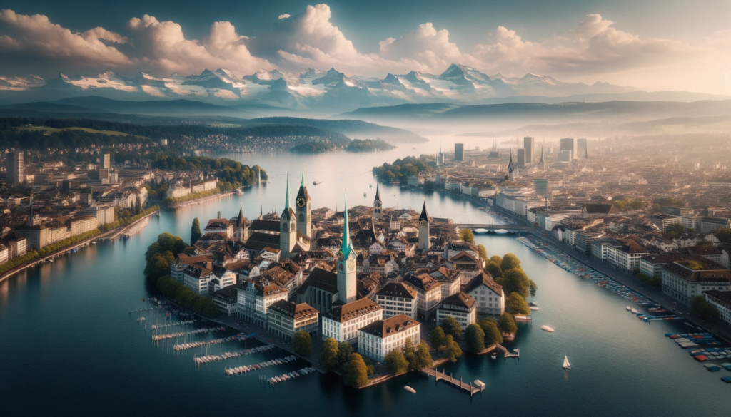 Photo of Zurich city skyline with Lake Zurich in the foreground and the Alps in the background.