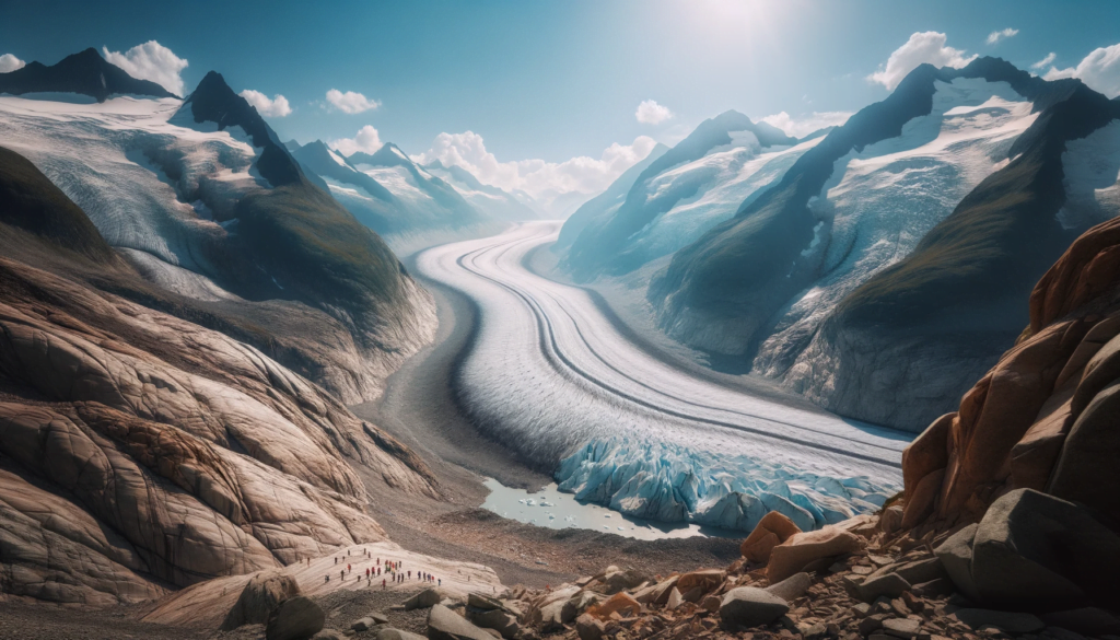 Photo in 16:9 format: A bright and airy view of the Aletsch Glacier during a sunny day. The glacier gleams under the sunlight, surrounded by light-colored rocky mountains. A group of hikers in the distance stand in awe, emphasizing the glacier's vastness against a clear blue sky.