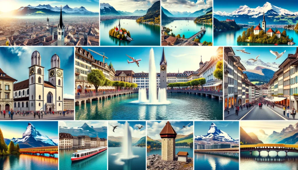 Photo collage featuring iconic landmarks from various Swiss cities such as Zurich's Lake, Bern's clock tower, Lucerne's Chapel Bridge, Geneva's Jet d'Eau, and the Matterhorn.