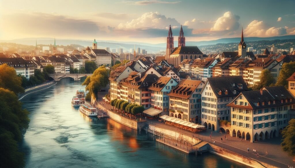 Photo of Basel's picturesque riverside with the Rhine River in the foreground and historic buildings in the background.