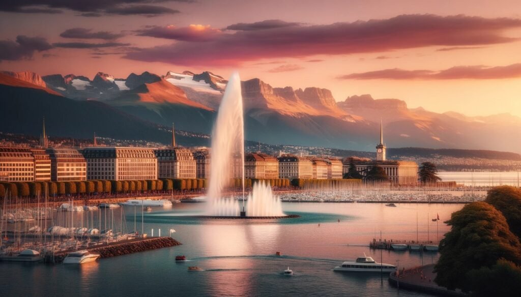 Photo of Geneva's iconic skyline with the Jet d'Eau fountain in the foreground and the Alps in the background during sunset.